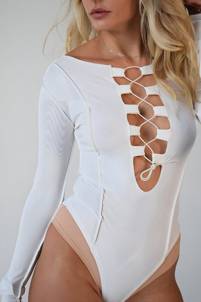 White Lace Up Bodysuit
