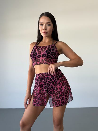 Pink Leopard Mesh Strappy Crop Top
