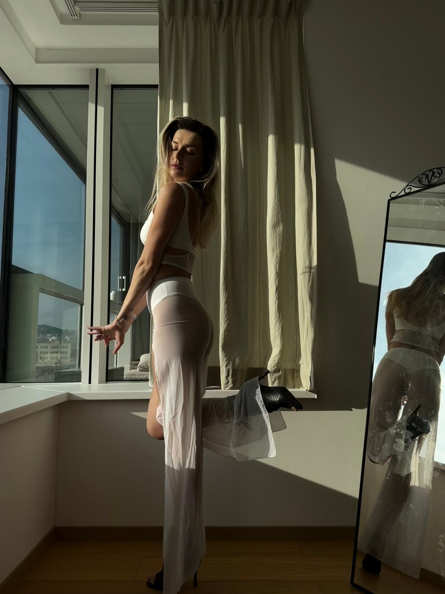 White Mesh Flared Pants with Front Slits