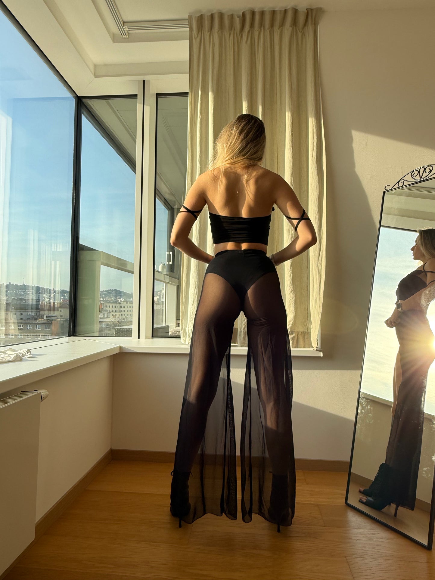 Black Mesh Flared Pants with Front Slits