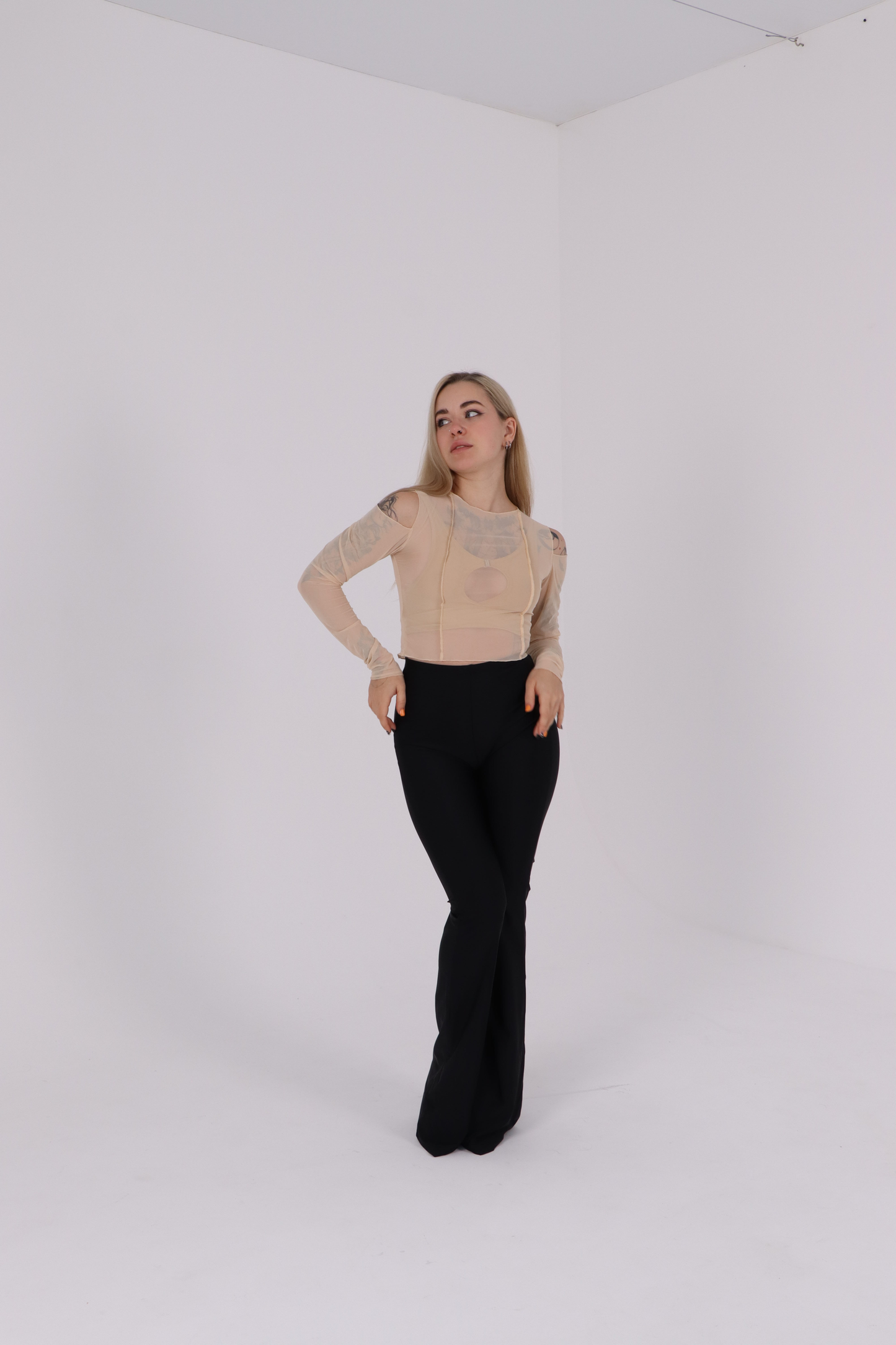 Beige Striped Mesh Crop Top