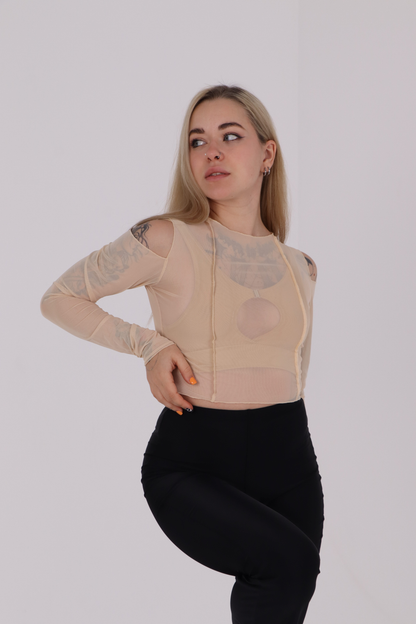 Beige Striped Mesh Crop Top