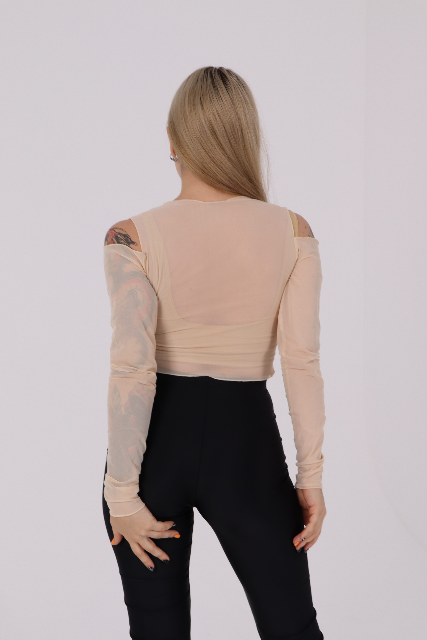 Beige Striped Mesh Crop Top