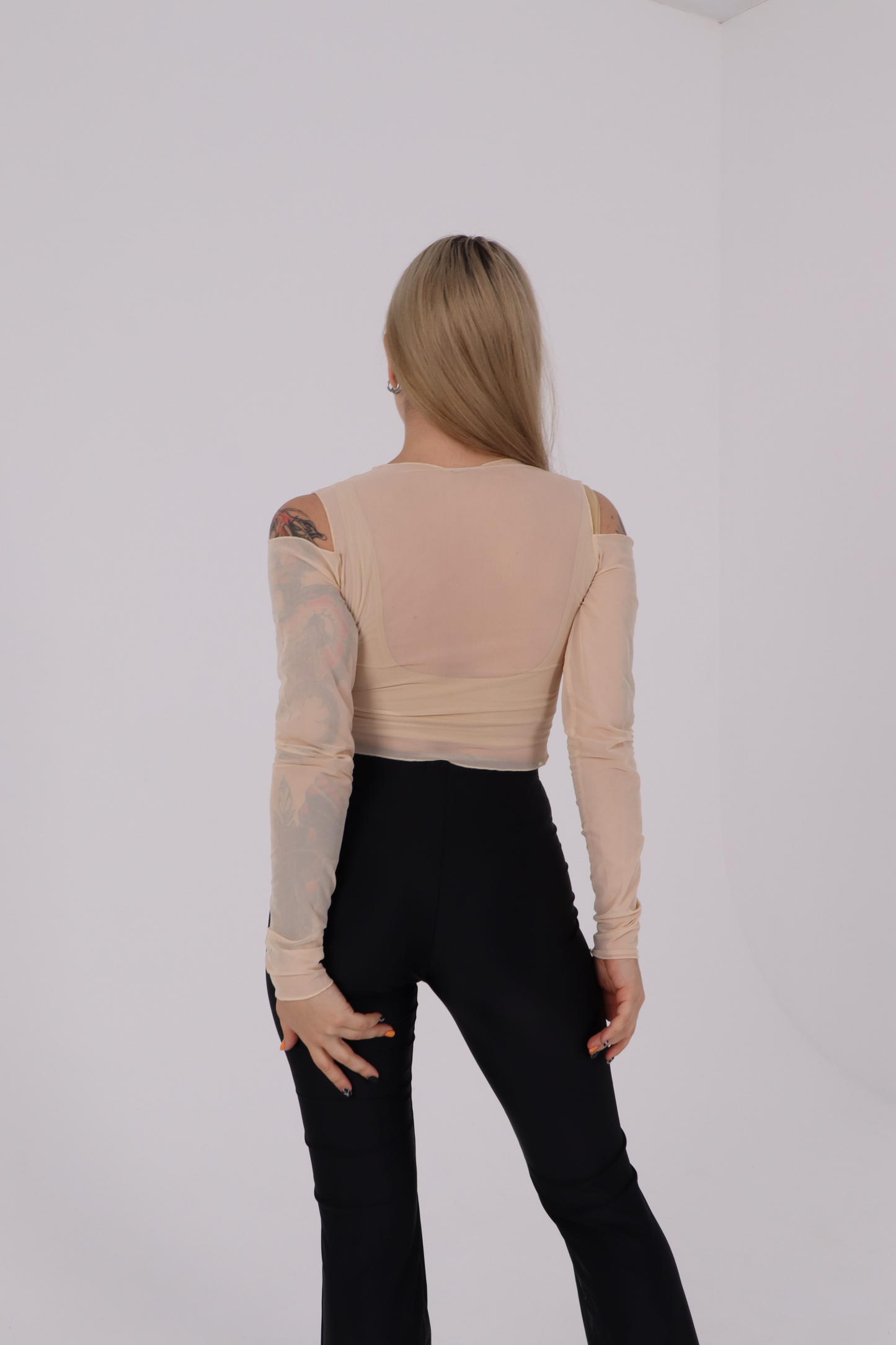 Beige Striped Mesh Crop Top