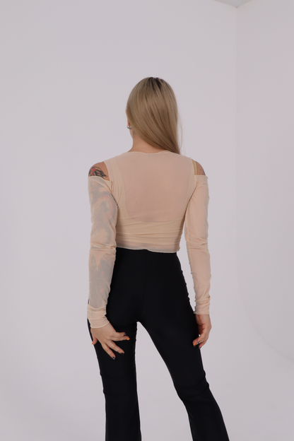 Beige Striped Mesh Crop Top