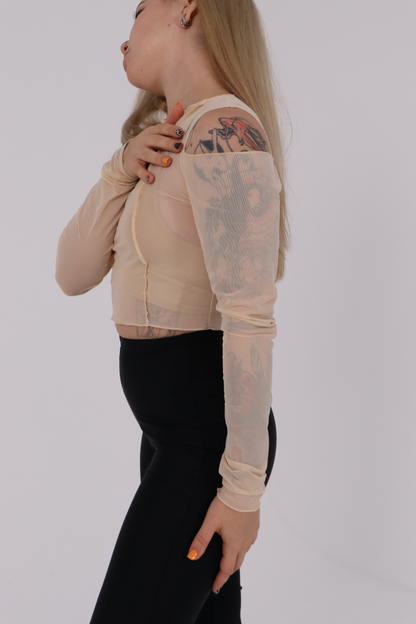 Beige Striped Mesh Crop Top