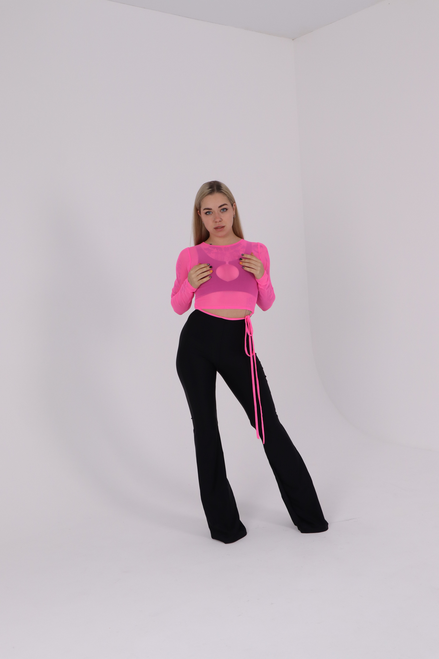 Pink Mesh Long Sleeve Crop Top