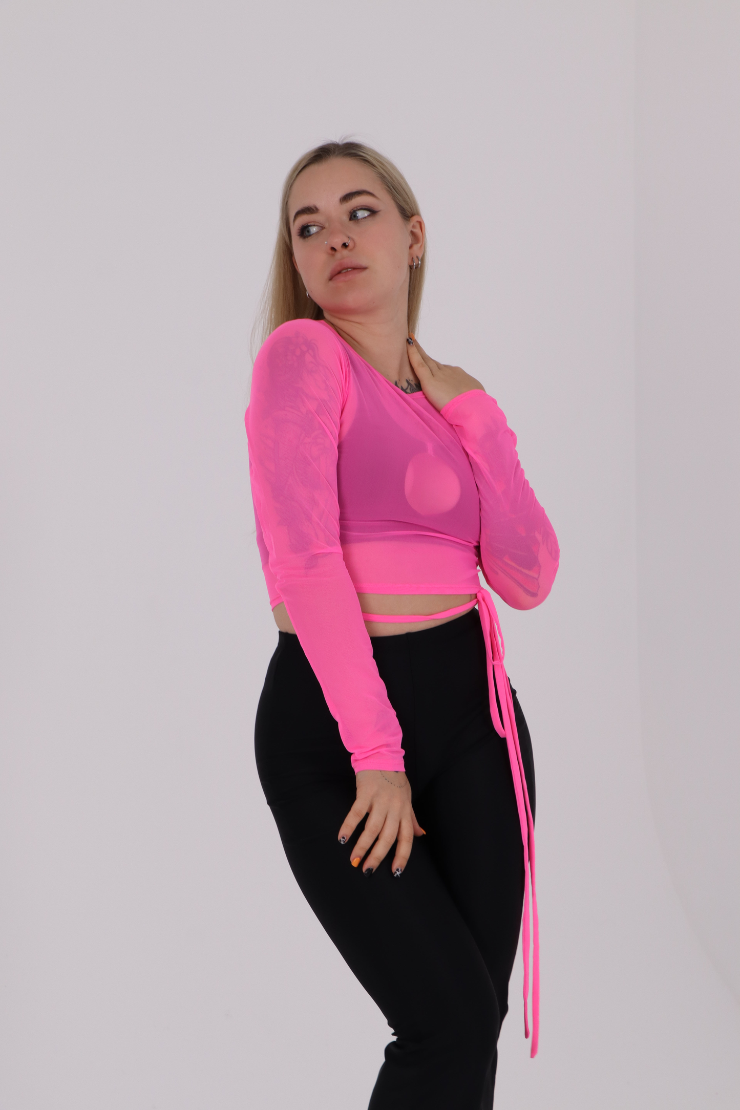 Pink Mesh Long Sleeve Crop Top