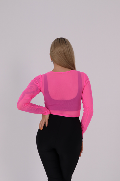 Pink Mesh Long Sleeve Crop Top