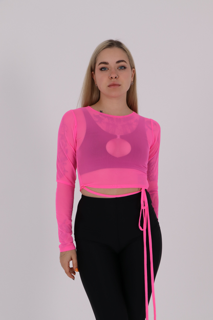Pink Mesh Long Sleeve Crop Top