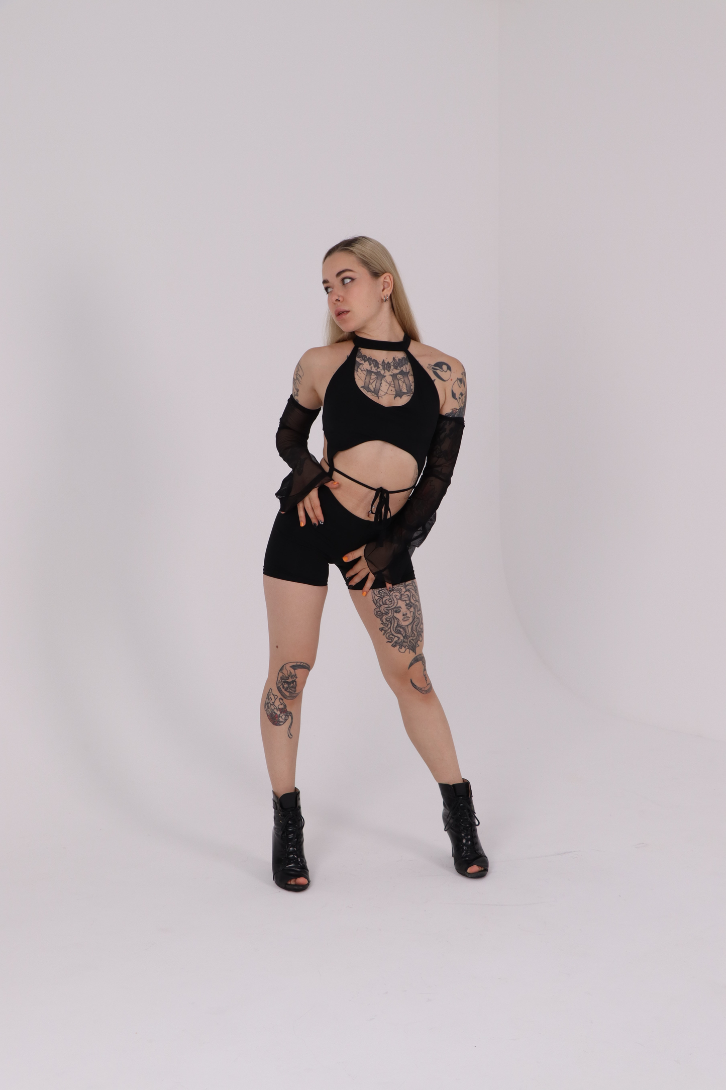 Black Rave Backless Jumpsuit with Mesh Sleeves