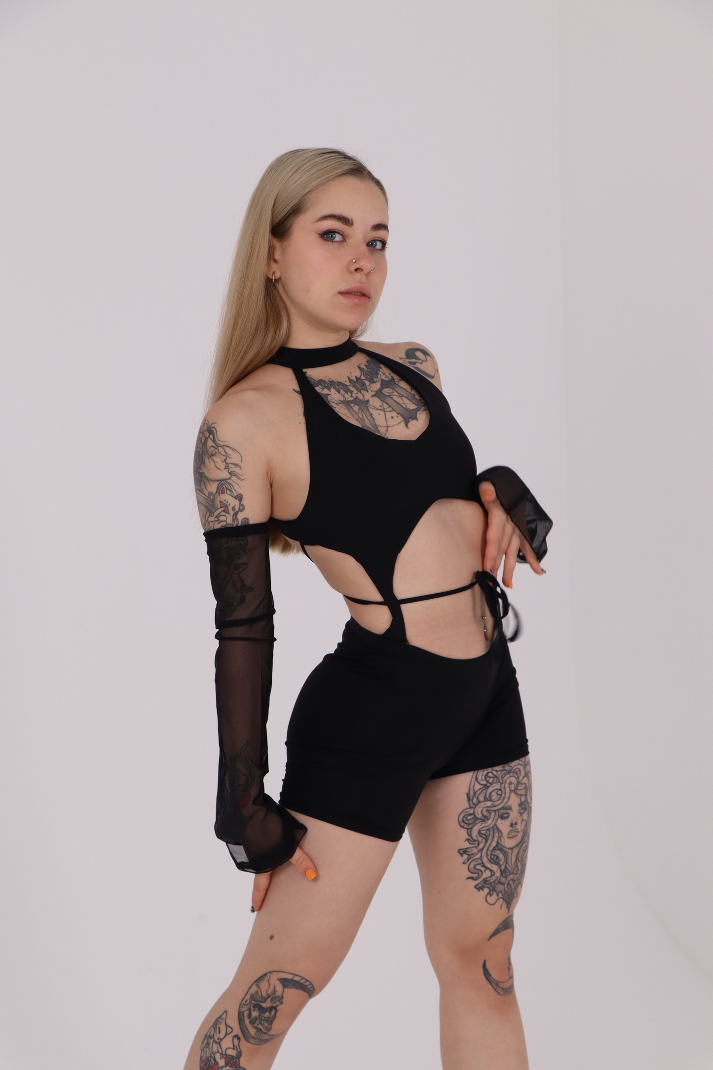 Black Rave Backless Jumpsuit with Mesh Sleeves