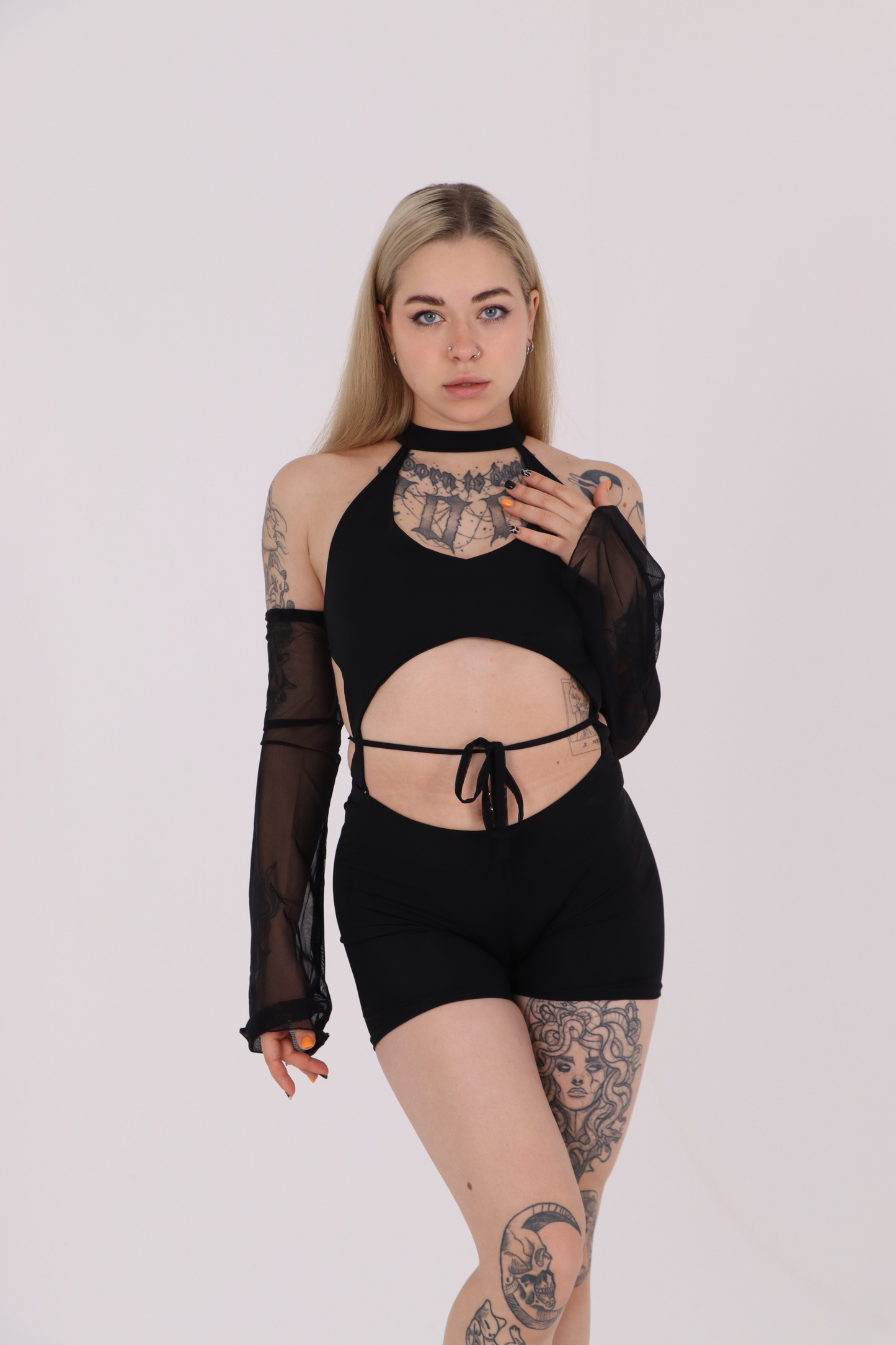 Black Rave Backless Jumpsuit with Mesh Sleeves