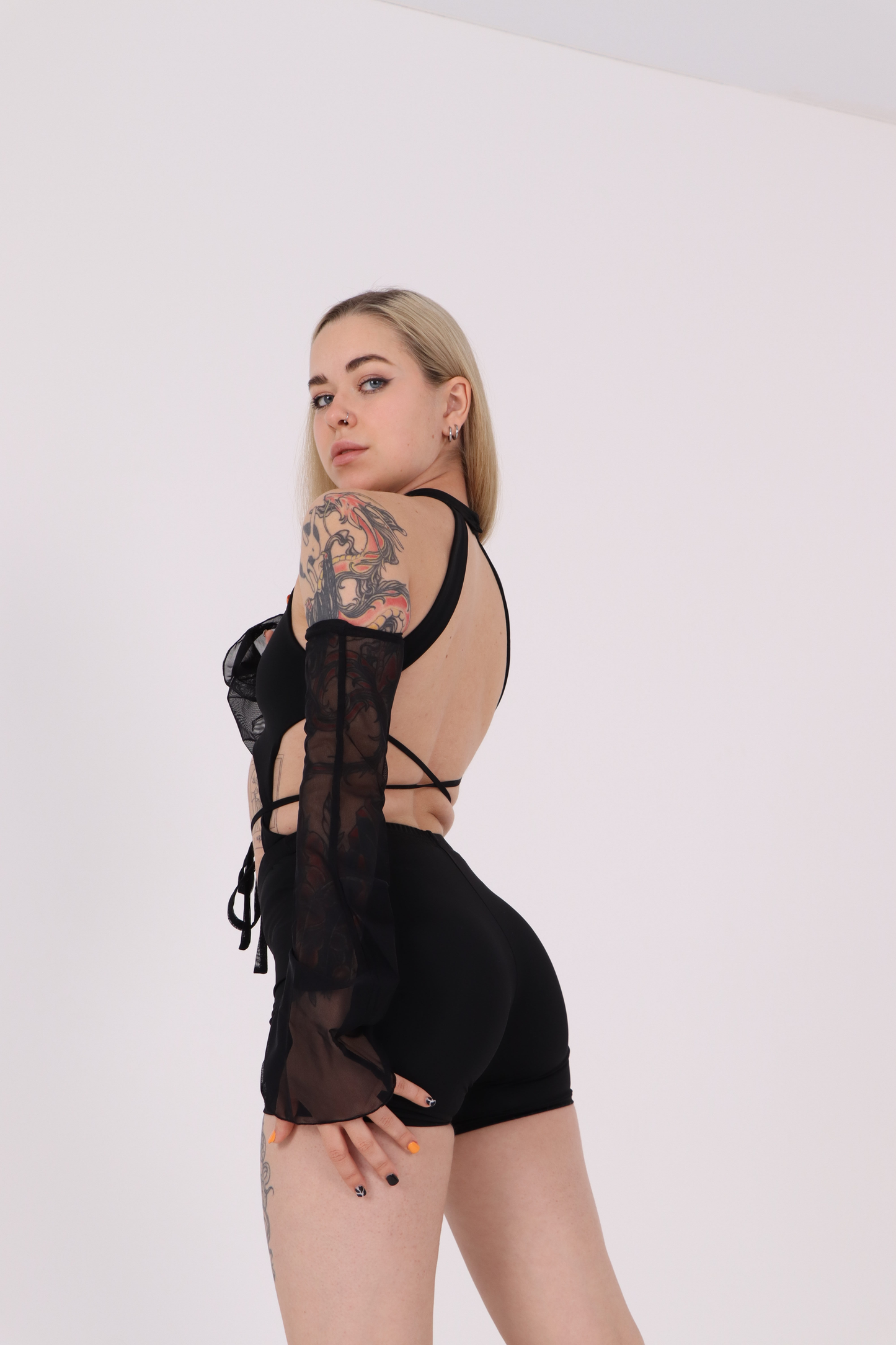 Black Rave Backless Jumpsuit with Mesh Sleeves
