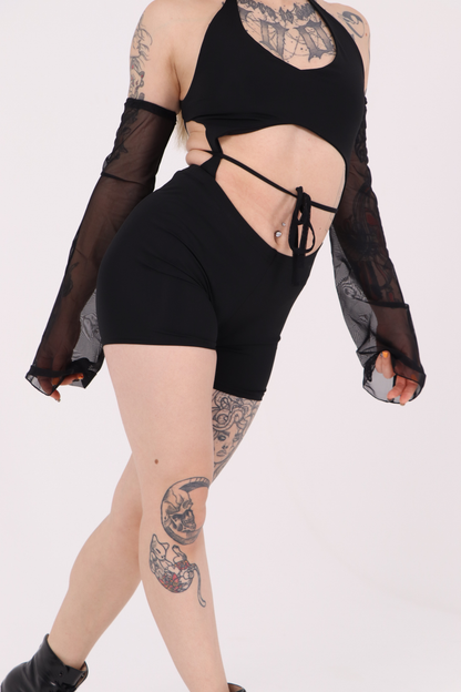 Black Rave Backless Jumpsuit with Mesh Sleeves