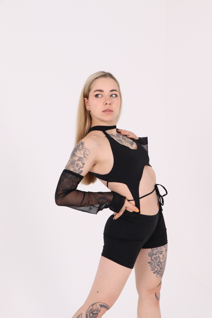 Black Rave Backless Jumpsuit with Mesh Sleeves