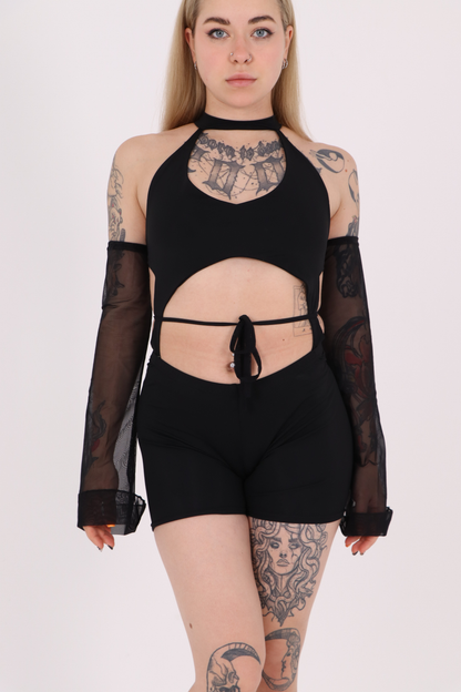 Black Rave Backless Jumpsuit with Mesh Sleeves