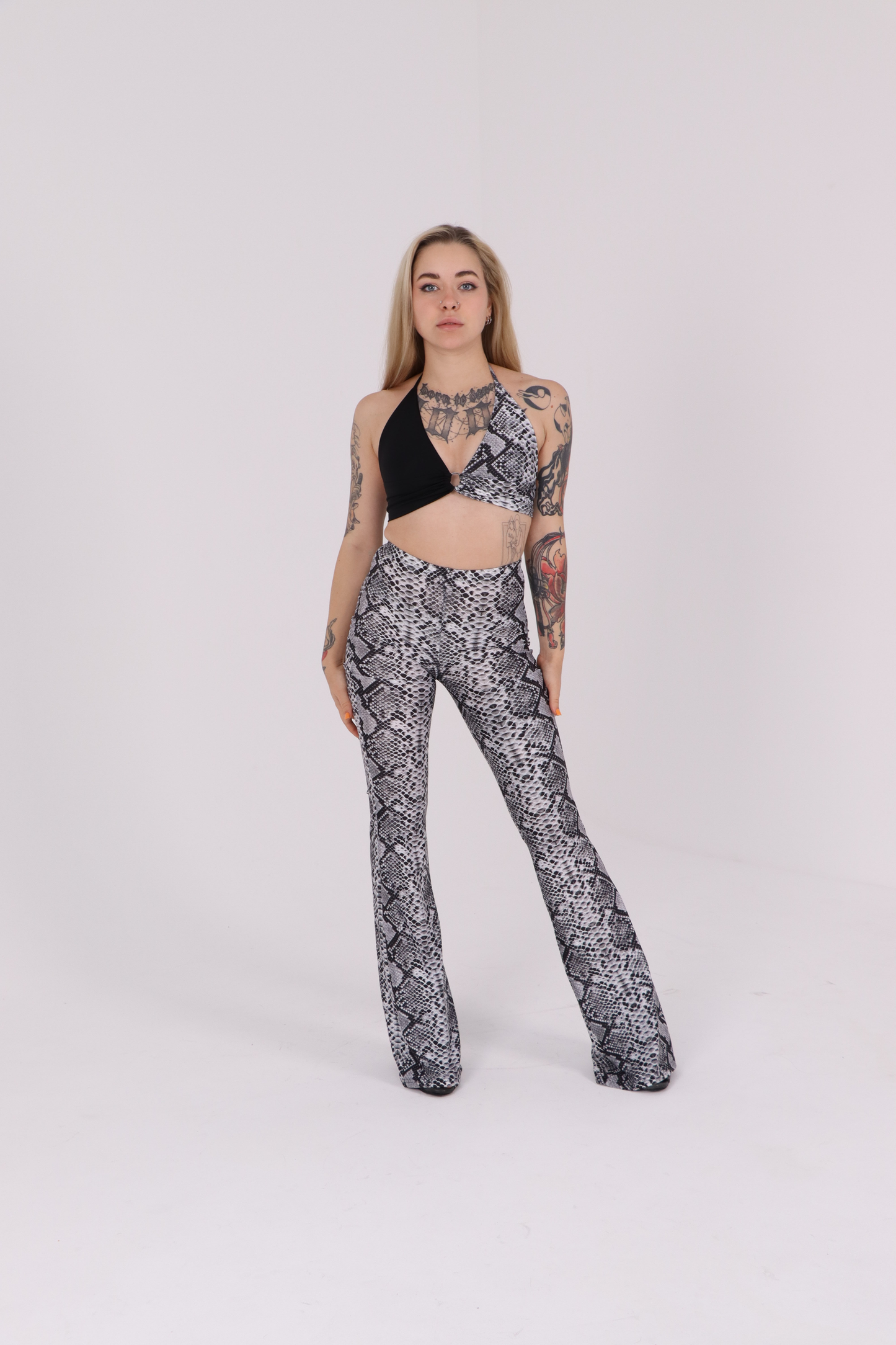 Grey Snake Print Flared Pants