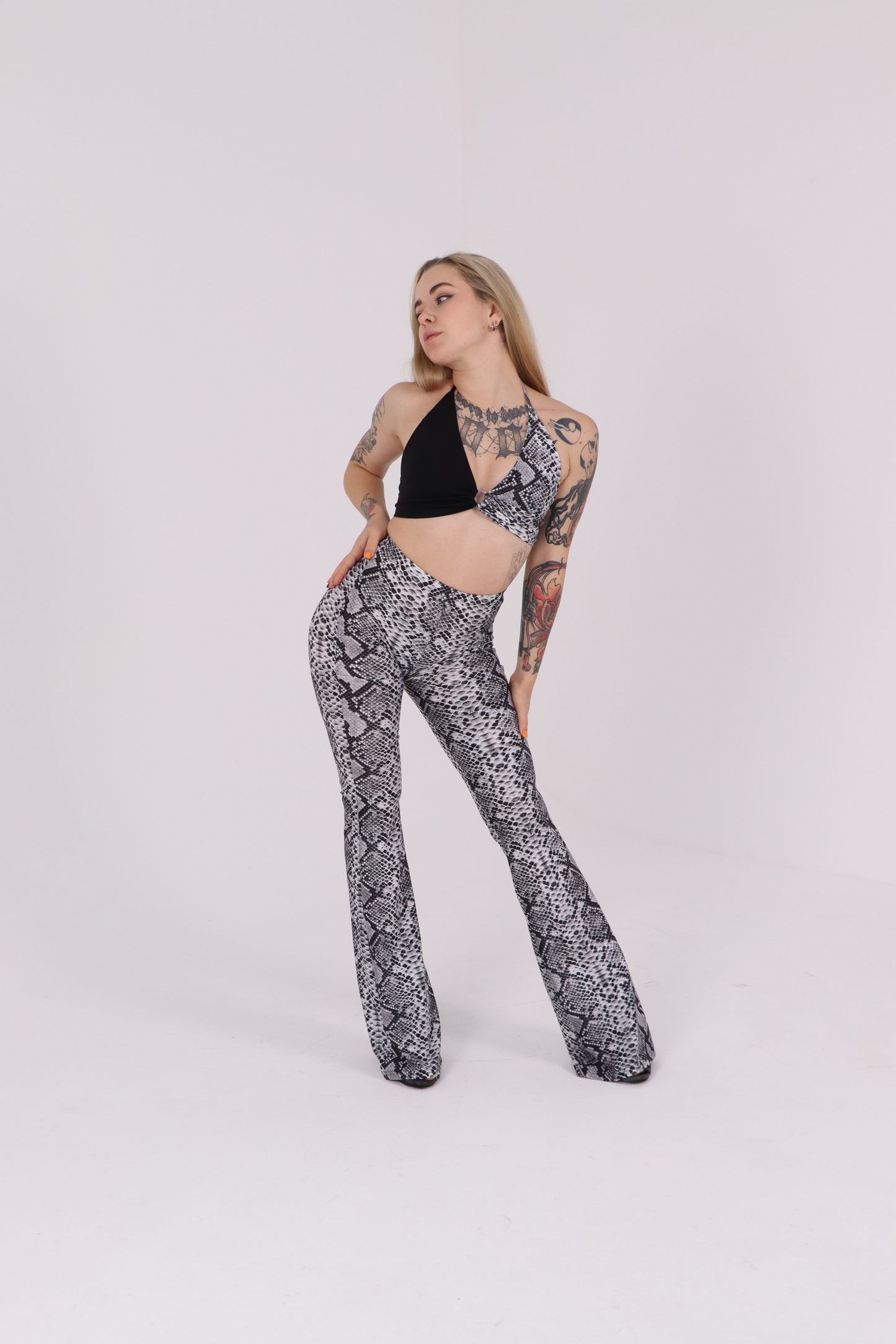 Grey Snake Print Flared Pants