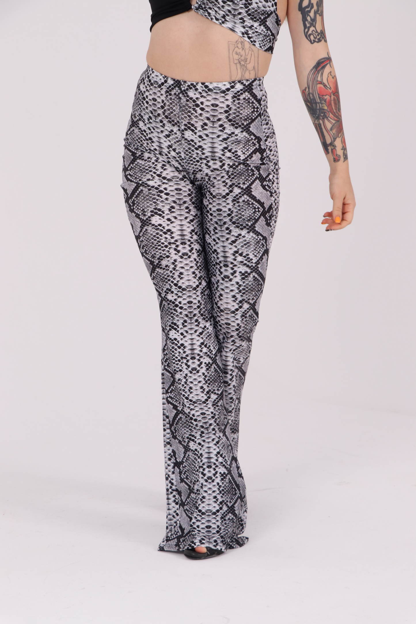 Grey Snake Print Flared Pants