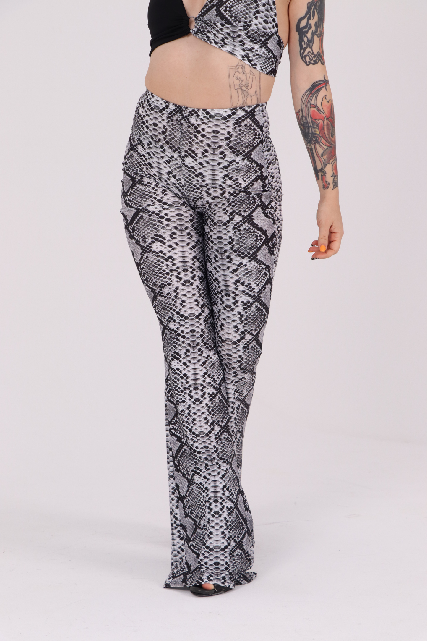 Grey Snake Print Flared Pants
