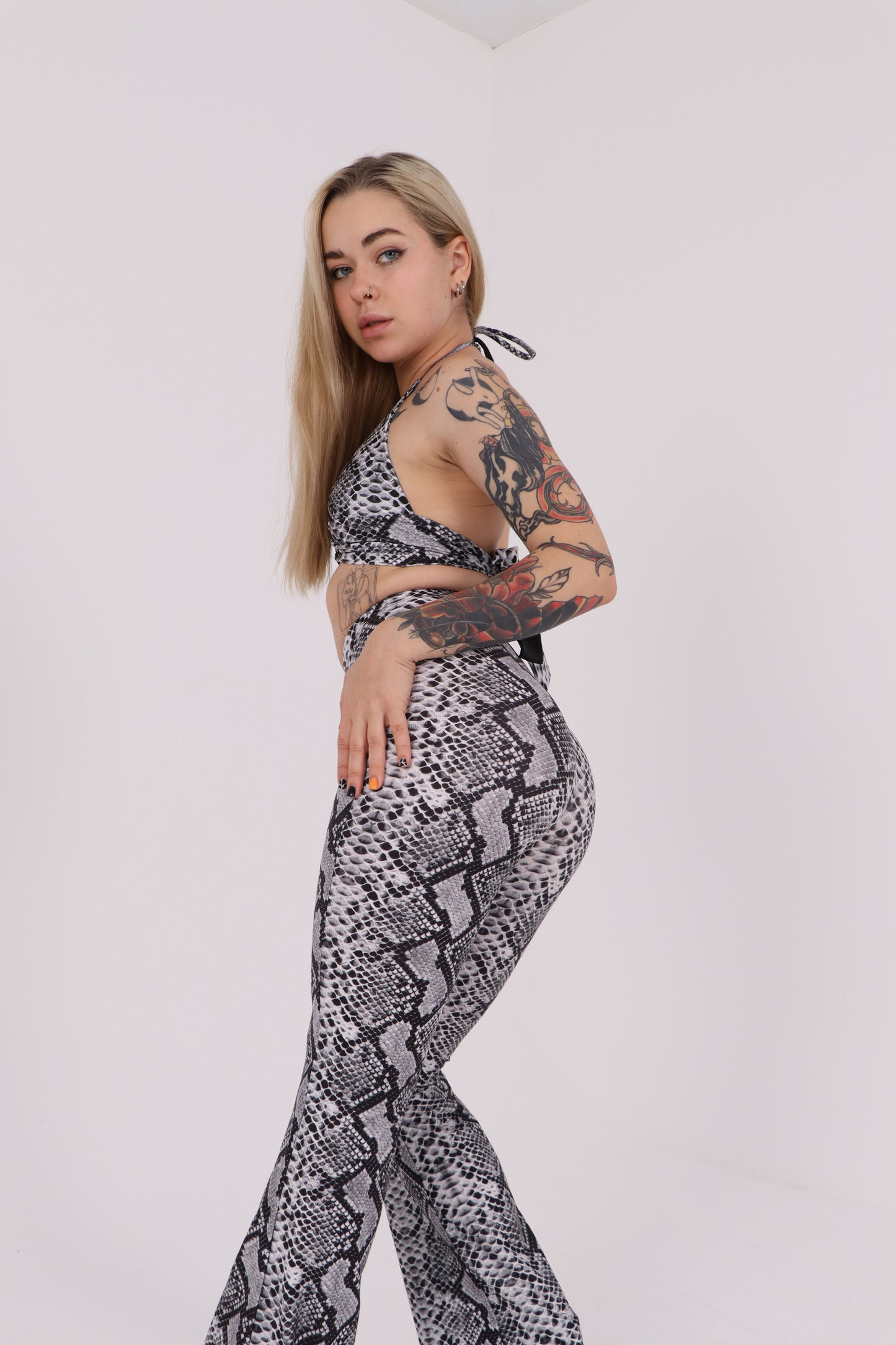 Grey Snake Print Flared Pants