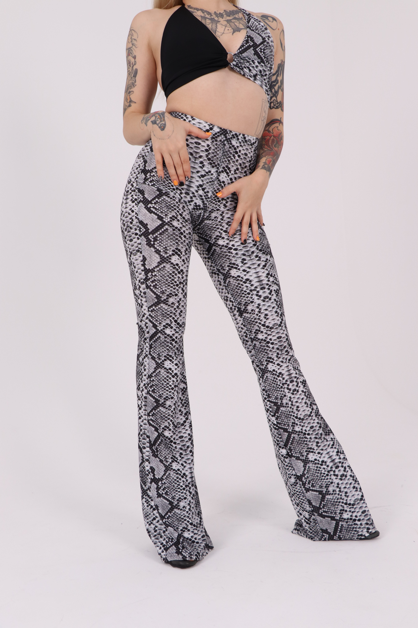 Grey Snake Print Flared Pants