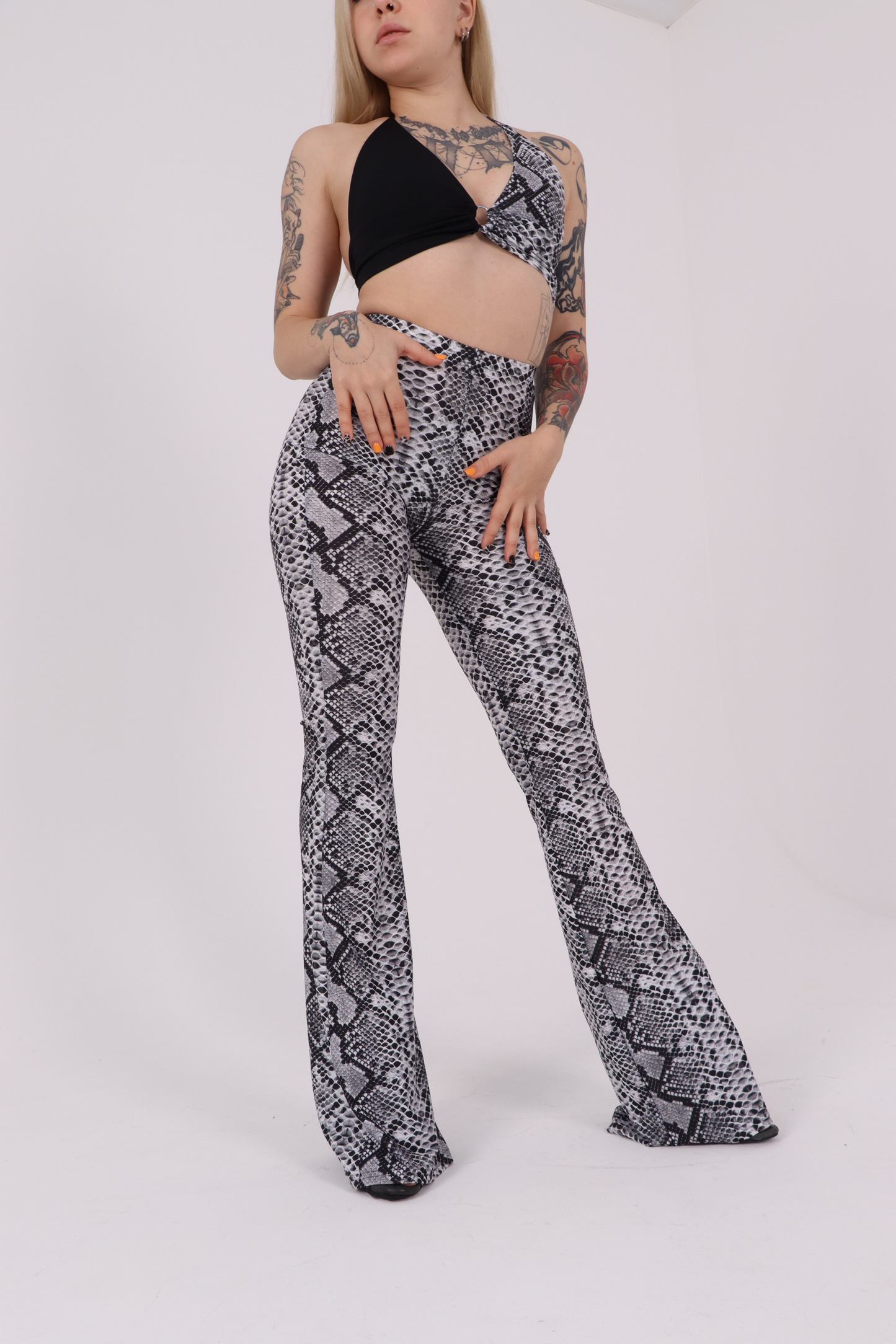 Grey Snake Print Flared Pants