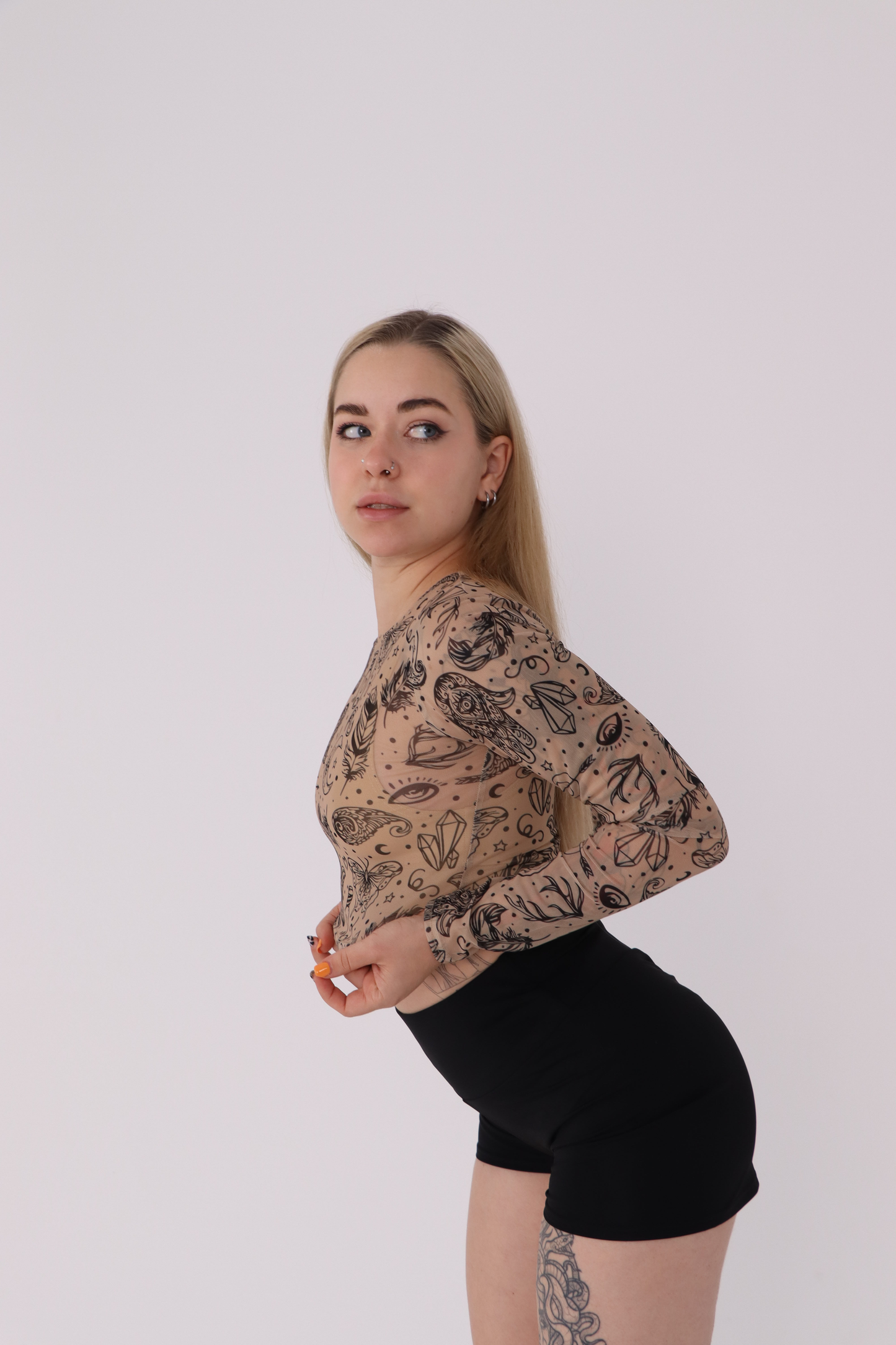 Beige Tattoo Mesh Crop Top