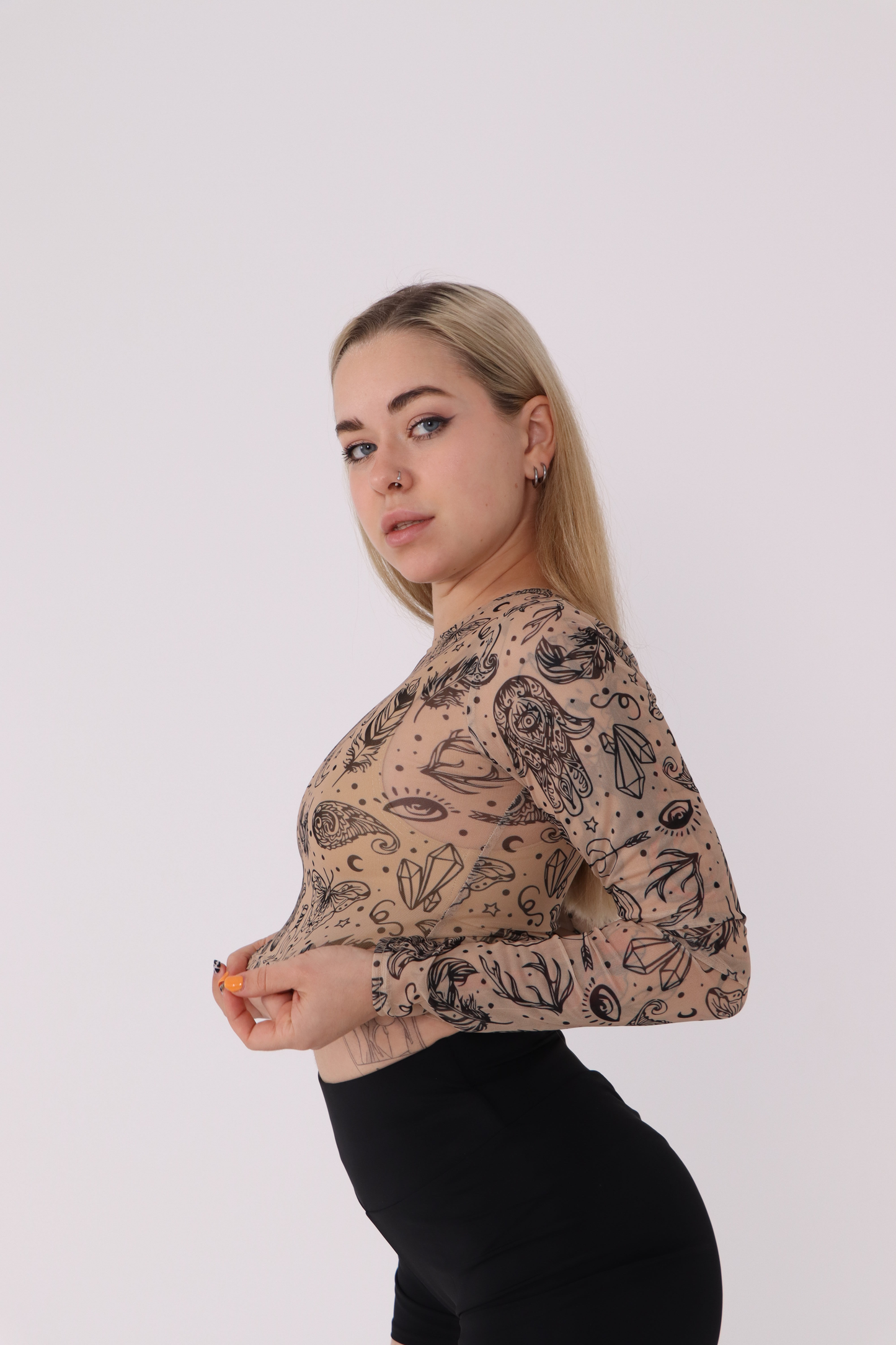 Beige Tattoo Mesh Crop Top