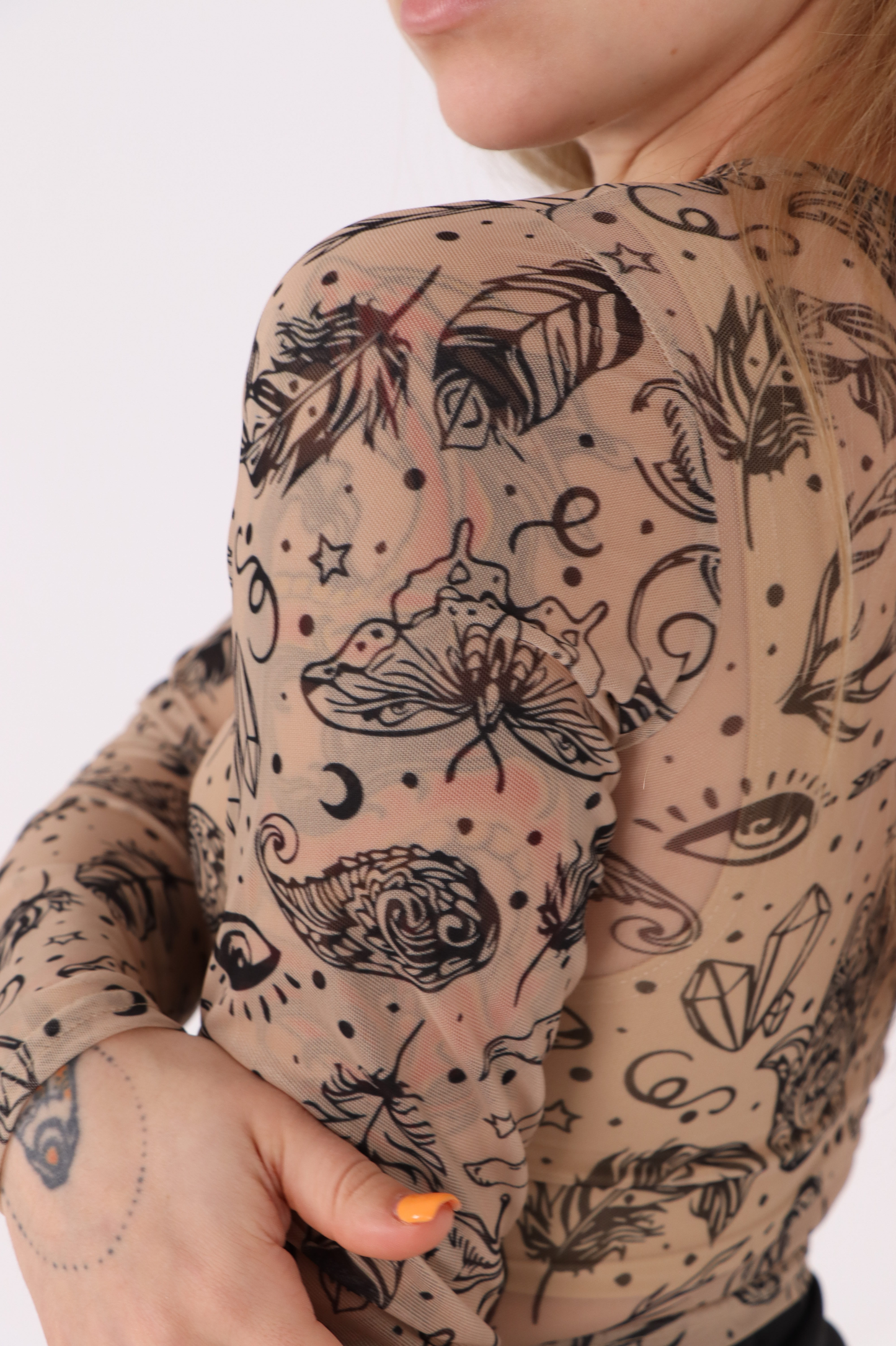 Beige Tattoo Mesh Crop Top