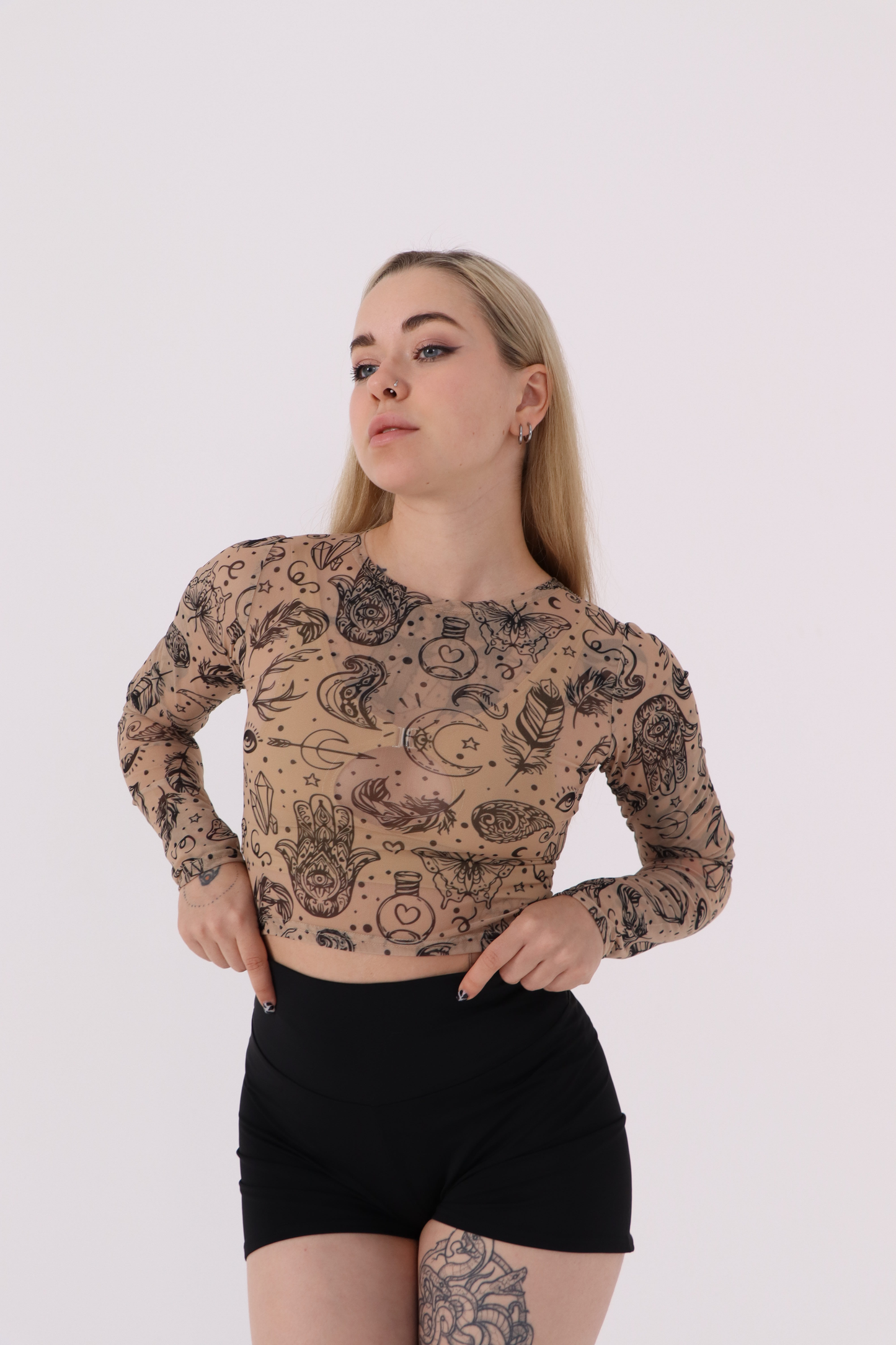 Beige Tattoo Mesh Crop Top