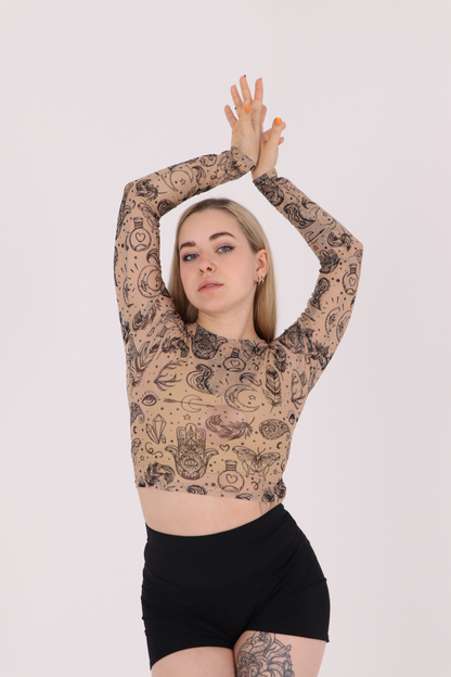 Beige Tattoo Mesh Crop Top