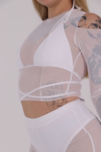 White Mesh Long Sleeve Crop Top