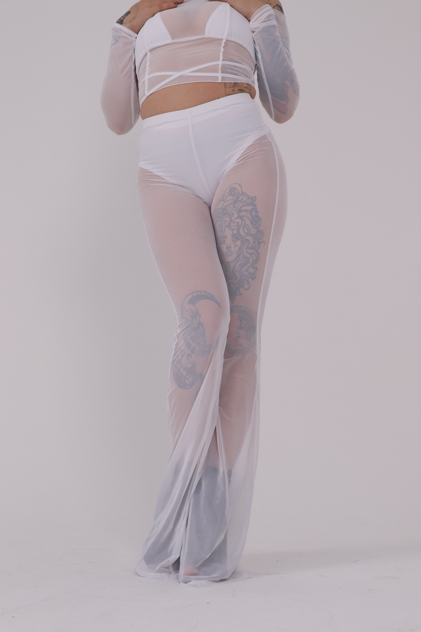 White Mesh Long Sleeve Crop Top