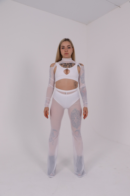 White Mesh Flared Pants