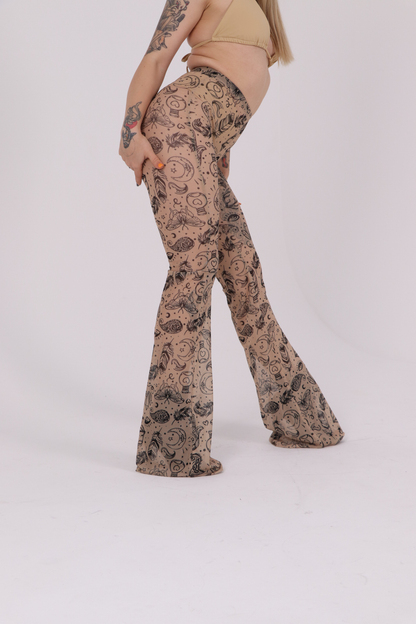 Beige Tattoo Mesh Flared Pants