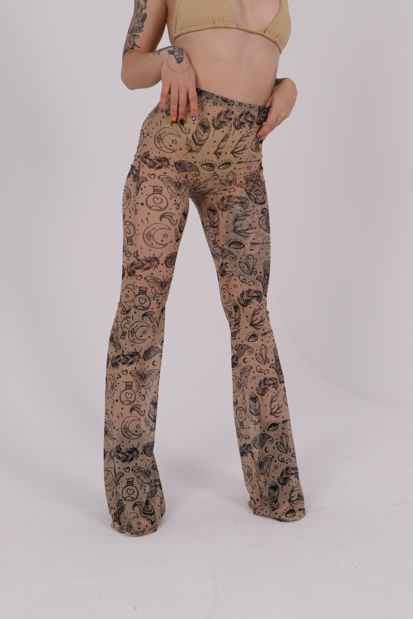 Beige Tattoo Mesh Flared Pants