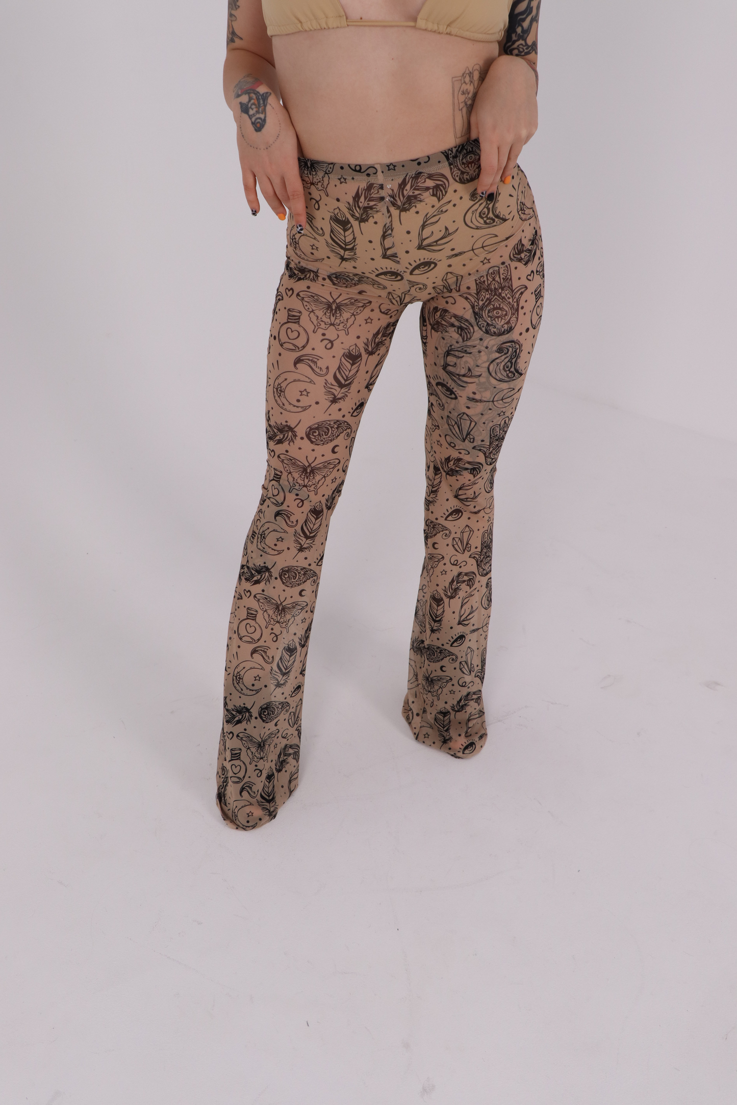 Beige Tattoo Mesh Flared Pants