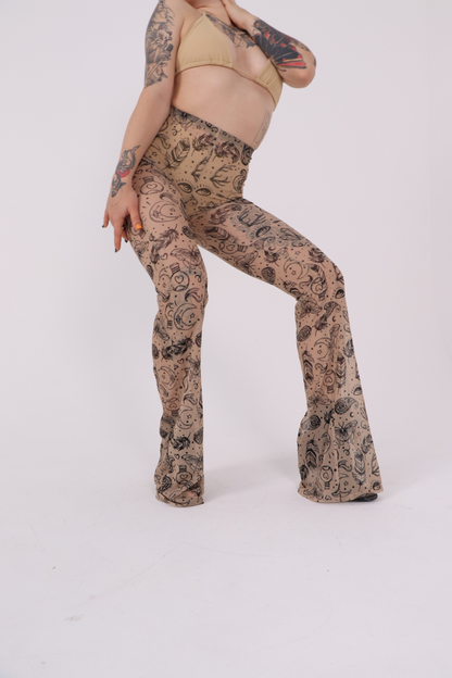 Beige Tattoo Mesh Flared Pants