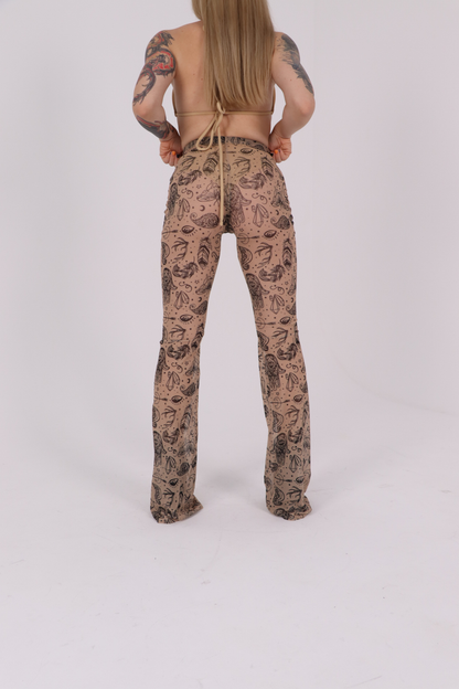 Beige Tattoo Mesh Flared Pants