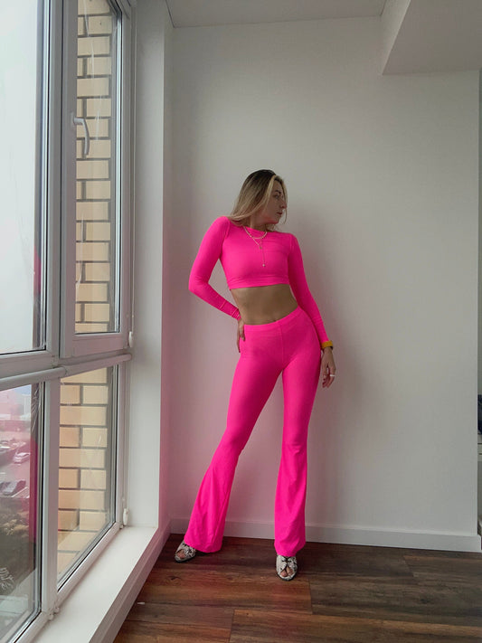 Neon Pink Mesh Long Sleeve Crop Top