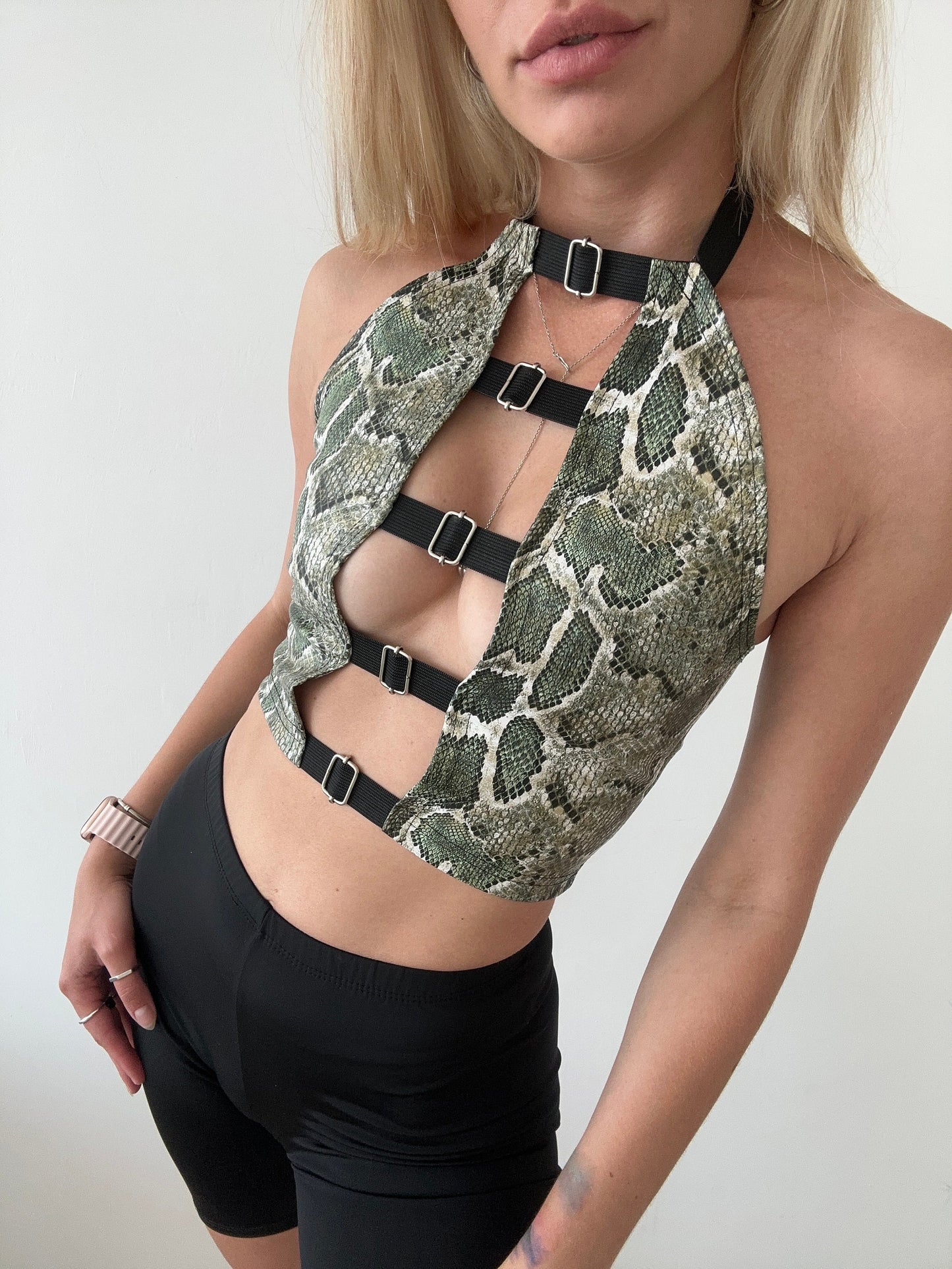 Green python eco leather crop top | decollete tank corset