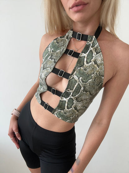 Green python eco leather crop top | decollete tank corset