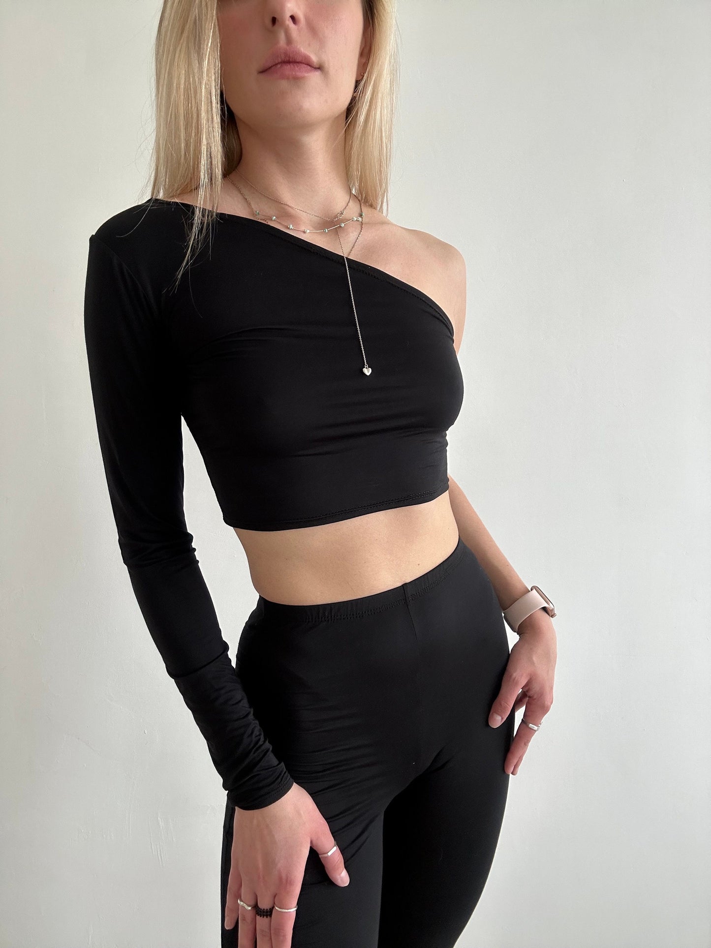 Black One Shoulder Long Sleeve Top