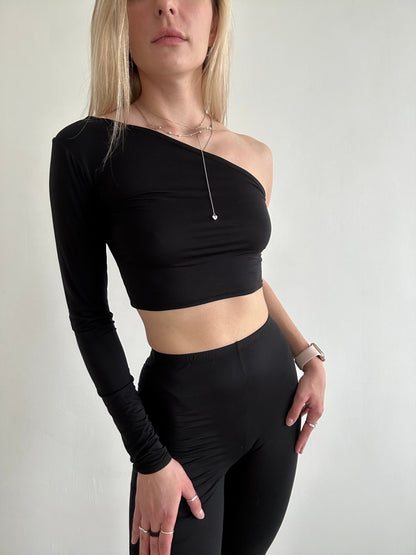 Black One Shoulder Long Sleeve Top