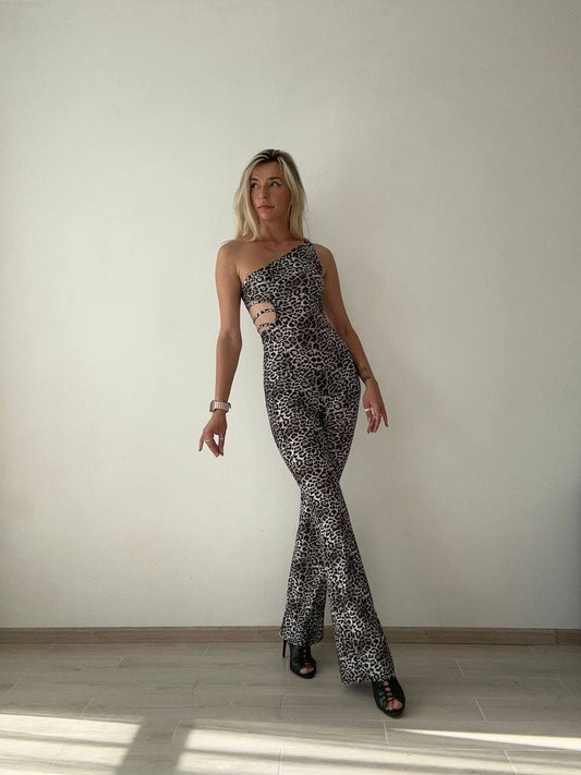 Leopard One Shoulder Backless Jumpsuit