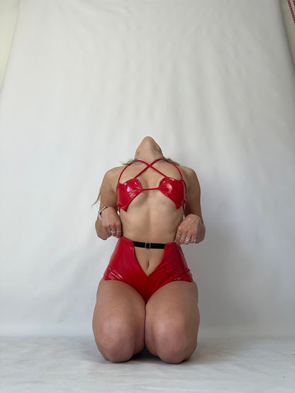 Red High Waist Latex Shorts