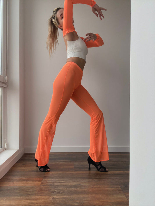 Orange Mesh Flared Pants