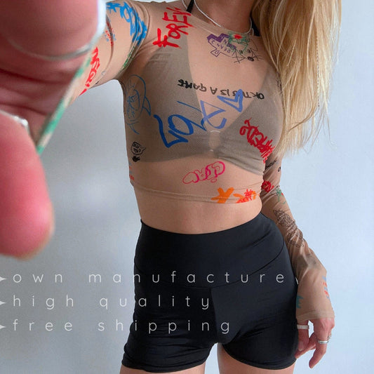 Beige Mesh Long Sleeve Crop Top